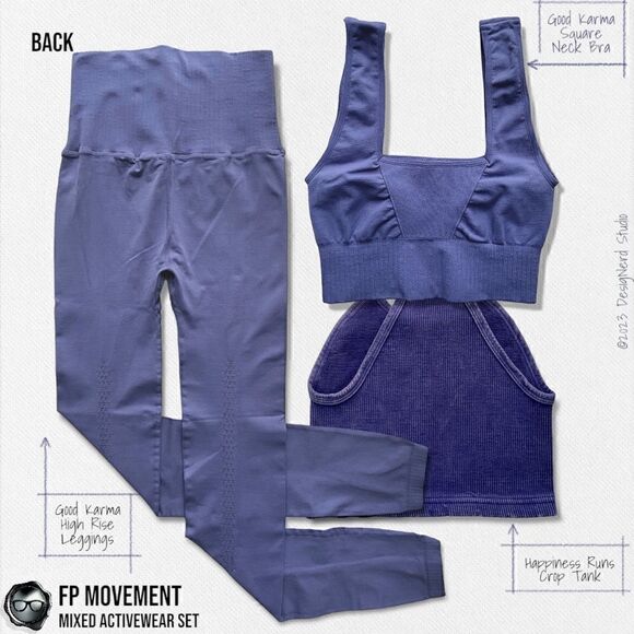 FP MOVEMENT SET GOOD KARMA SQUARE NECK BRA + LEGGINGS + HR CROP TANK VIOLET BLUE - Picture 3 of 16